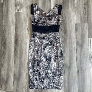 Maggy London Black and Beige Feather-Print Sheath Dress